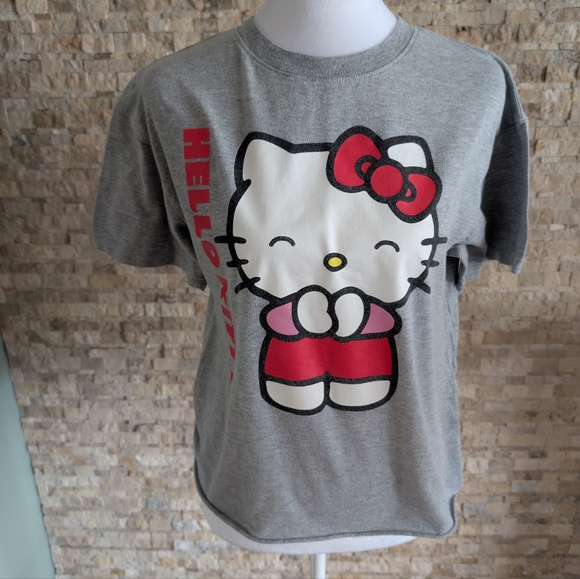 Hello Kitty Tops - Sanrio Hello Kitty Medium Gray Graphic Short Sleeve T-Shirt Raw Hem Sz Med